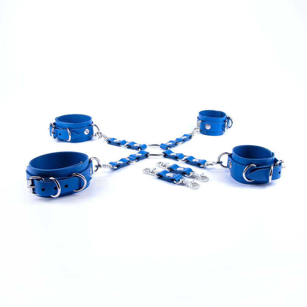 Blue leather bondage cuffs