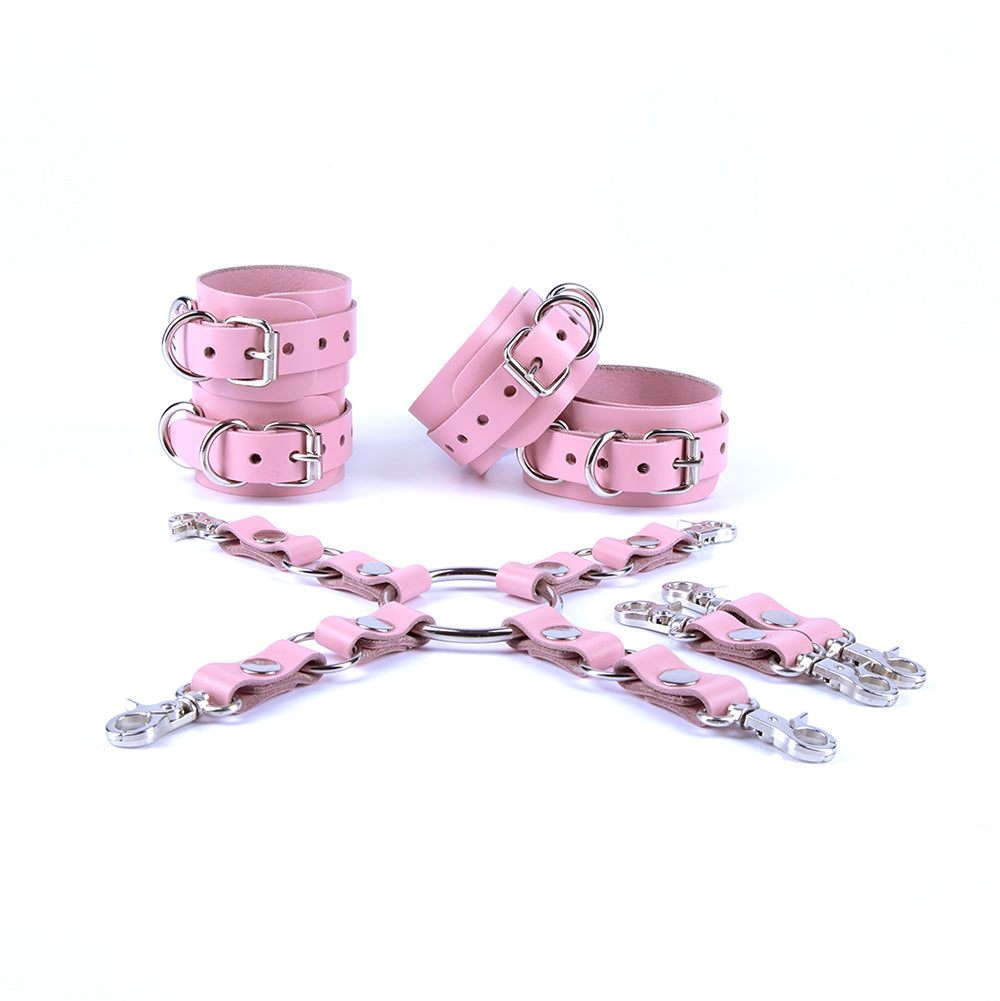 Pink leather hogtie bondage 