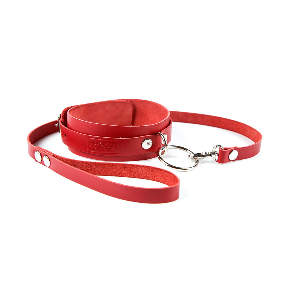 red leather collar with a leash