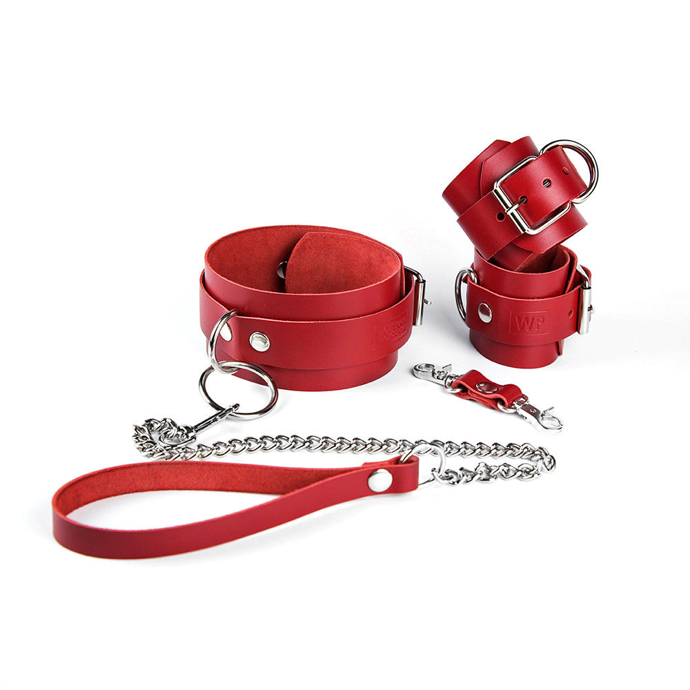 Red leather bondage restraints